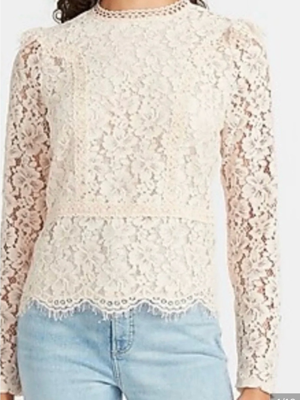 Express Cream Floral Lace Long-Sleeve Blouse